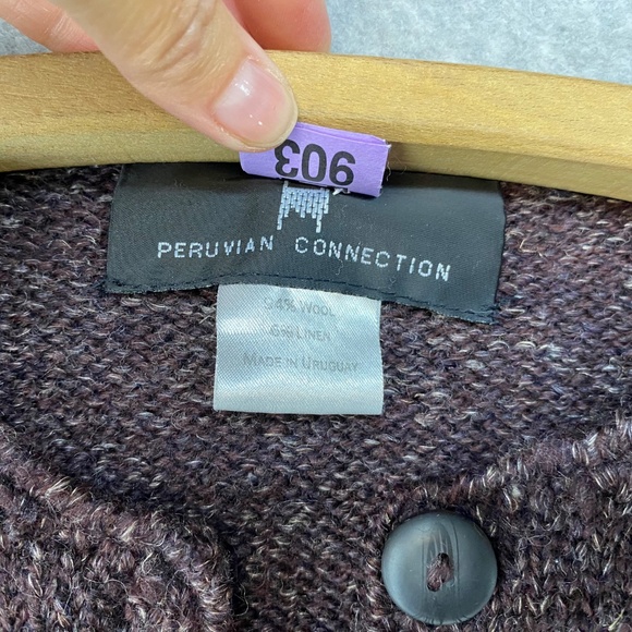 Peruvian Connection Cardigan Med Purple Open Knit Button Front Wool Linen Blend - Picture 2 of 6